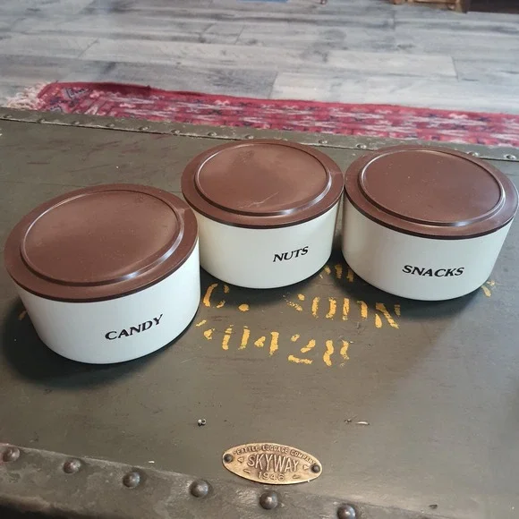 Vintage Stanley Home Products Cream And Brown Lidded Stackable Canisters Storage - Picture 3 of 5